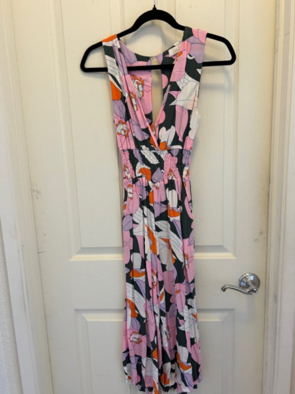 Ava Sky Pink Floral V-Neck Sleeveless Jumpsuit with Orange Accents, Small